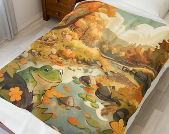 Plush Velveteen Blanket, Kawaii Frog in Autumn Forest Design - Cute Cozy Bed Throw, Fleece Blanket, Soft Lap Quilt, Warm Bedding