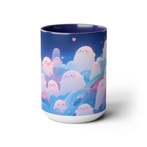 Kawaii Blue Ghost Mug Cute 15oz Coffee Cup, Spooky Aesthetic Drinkware, Adorable Ghost Lover Gift, Pastel Halloween Tea Cup for Girls
