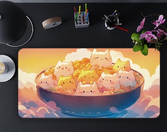 Cat Desk Mat, Cute Cat Ramen Design, Kawaii Desk Pad, Gaming Mouse Pad, Office Decor, Cat Lover Gift