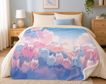 Kawaii Pastel Cloud Cats Sherpa Blanket, Soft Fleece Throw (50x60)
