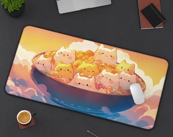 Cat Desk Mat, Cute Cat Ramen Design, Kawaii Desk Pad, Gaming Mouse Pad, Office Decor, Cat Lover Gift