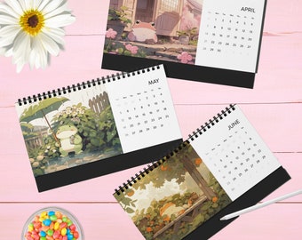 Kawaii Anime Frogs Desk Calendar, The Daily Life of Frogs, Cute Home Office Decor, Kawaii Desk Grid Calendar (2024), Cute Kawaii Desk Decor