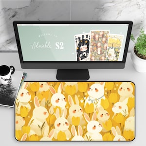 Desk Mat, Kawaii Bunny in Yellow Vibe, Cute Animal Mouse Pad, Office Desk Decor, Gift for Bunny Lovers, Back to School Desk Accessory