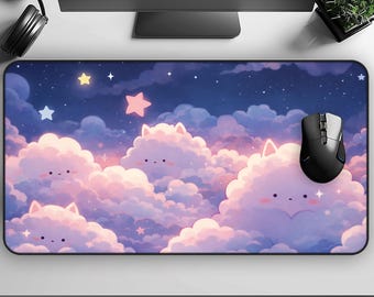 Kawaii Desk Mat, Kawaii Anime Clouds, Cute Mousepad, Japanese Style Desk Mat, Pastel Gaming Mat, Office Decor, Large Extended Mouse Pad