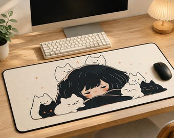 Cats and Anime Girl Desk Mat: Kawaii Gaming Mouse Pad