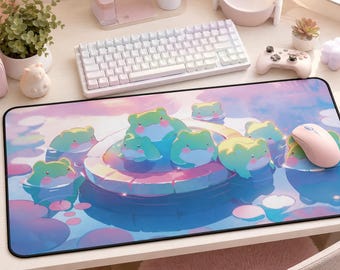 Alfombrilla de escritorio con forma de rana rosa pastel, alfombrilla de ratón de anime kawaii.