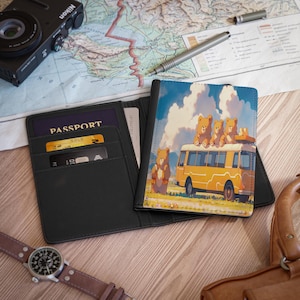 Capa para passaporte com ursinho kawaii, carteira de viagem fofa com ursinho de pelúcia, porta-passaporte para viagem de carro com ursinho em tons pastel, acessório de viagem adorável.