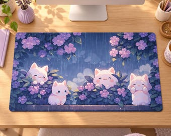 Kawaii Lofi Desk Mat, Kawaii Cats in the Rain Mousepad, Kawaii Purple Desk Mat, Gaming Mouse Pad Deskpad, Cute Desk Mat, Cute Gaming Setup