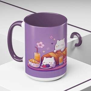 Tazza da forno Kawaii con gatto, tazza con gattino viola pastello, tazza in ceramica da 440 ml immagine 2