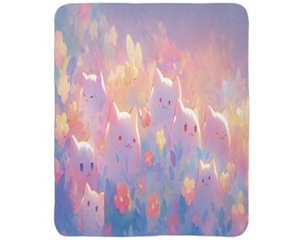 Kawaii Pink Pastel Cats Fleece Sherpa Blanket, Cute Cat Throw, Pastel Bedding