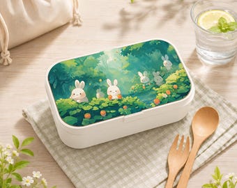 Kawaii Bunny Bento Lunch Box, Cute White Rabbits in Forest, Japanese-Style Food Container, Adorable Meal Prep Box for Kids & Nature Lovers
