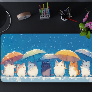 Kawaii Cat Desk Mat, Cute Snow Rainy Day Cats with Umbrellas, Large Mouse Pad, Gaming Mat, Office Desk Decor, Gift for Cat Lovers