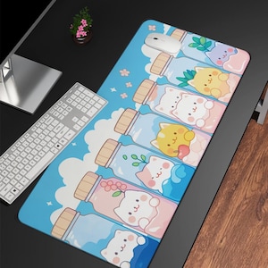 Alfombrilla de escritorio Kawaii azul pastel, alfombrilla de ratón grande con diseño de gato adorable, estilo Kawaii, regalos para amantes de los gatos, alfombrilla de escritorio para el trabajo, juegos, oficina y hogar, decoración de escritorio adorable