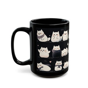 Cute Cat Mug 15oz, Cute Kawaii Cat Black Mug, Cute Cat Pattern Mug, Cat Mug, Cute Desk Decor, Kawaii Cat Mug Gifts, Kawaii Office Decor image 2