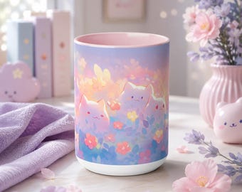 Bonita taza de gato rosa de 433 ml, bonitas tazas estéticas, adorables gatos con flores, tazas con estampados de animales kawaii, bonita decoración de escritorio kawaii para oficina