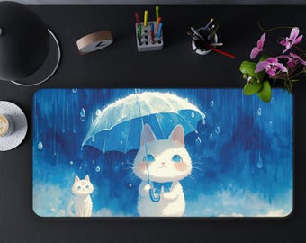 Podkładka na biurko Kawaii Cat: Anime Kittens in Blue Rain
