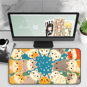 Cat Lover Desk Mat, Kawaii Kitty Faces, Large Mouse Pad, Non-Slip Gaming Mat, Aesthetic Office Desk Pad