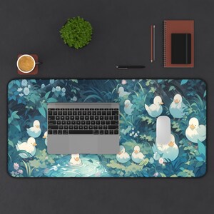 Cute Kawaii White Cat Anime Green Plant Leaves Desk Mat Large Mouse Pad Gaming Desk Pad, XL Extended Mousepad Desk Accessories For Women Office Decor Long Laptop Keyboard Mouse Mat 31.5x11.8 In