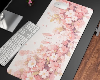 Kawaii Bunny Desk Mat, Cute Anime Bunny Rabbit with Cherry Blossoms, Cute Large Mouse Pad, Desk Mat Aesthetic, Cute Desk Office Decor