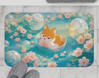 Kawaii Fox Sakura Bath Mat, Cute Floating Fox Bathroom Rug, Pastel Spring Floral Bath Mat, Cozy Anime Aesthetic Bathroom Decor
