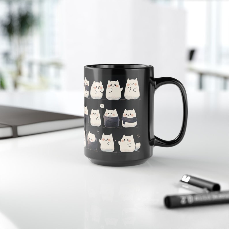 Cute Cat Mug 15oz, Cute Kawaii Cat Black Mug, Cute Cat Pattern Mug, Cat Mug, Cute Desk Decor, Kawaii Cat Mug Gifts, Kawaii Office Decor image 3