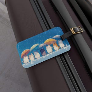 Cute Luggage Tag, Kawaii Cats in Rain, Travel Bag Identifier, Suitcase Name Tag, Gift for Cat Lovers, Pet Accessories, Unique Baggage Label,