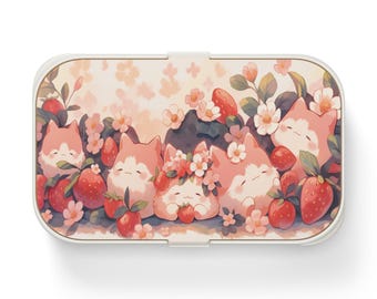 Cute Bento Lunch Box with Kawaii Cats and Strawberries, Cat Lover&#39;s Meal Container, Kids School Lunch, Japanese Style Food Container