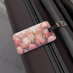 Kawaii Cats Luggage Tag, Cute Hydrangea Bag Tag, Travel Accessories, Cat Lover Gift, Floral Suitcase Identifier, Gift for Her