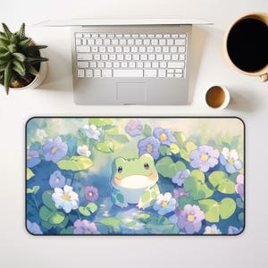 Anime Landscape Desk Mat, Cozy Gamer Decor, Kawaii Frog in with Flowers, Cute Office Accessories, Cute Kawaii Frogs Desk Mat Gaming