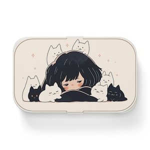 Bento Lunch Box, Anime Girl with Cats Design - Cute Japanese Style Food Container, Kawaii Bentobox, Lunchbox for School and Work, Meal Prep