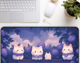 Tapis de bureau Lofi, tapis de souris chat, chats kawaii sous la pluie, tapis de bureau kawaii violet, tapis de souris de jeu, tapis de bureau mignon, configuration de jeu mignonne