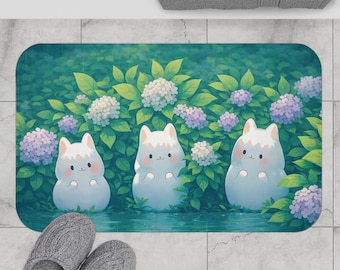Kawaii badmat katten, schattig hortensia-tuintapijt, pastelkleurige anime badkamerdecor, badkleed zacht bloemen poesje, gezellige badkamermat Cottagecore
