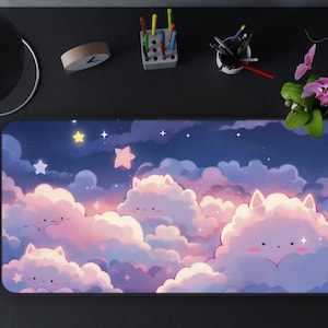Kawaii Desk Mat, Kawaii Anime Clouds, Cute Mousepad, Japanese Style Desk Mat, Pastel Gaming Mat, Office Decor, Large Extended Mouse Pad