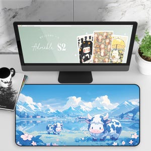 Kawaii Gaming Desk Mat, Cute Anime Cow Mouse Pad, Kawaii Anime Blue Landscape Desk Pad for Anime Lover, Aesthetic Keyboard Gaming Mat