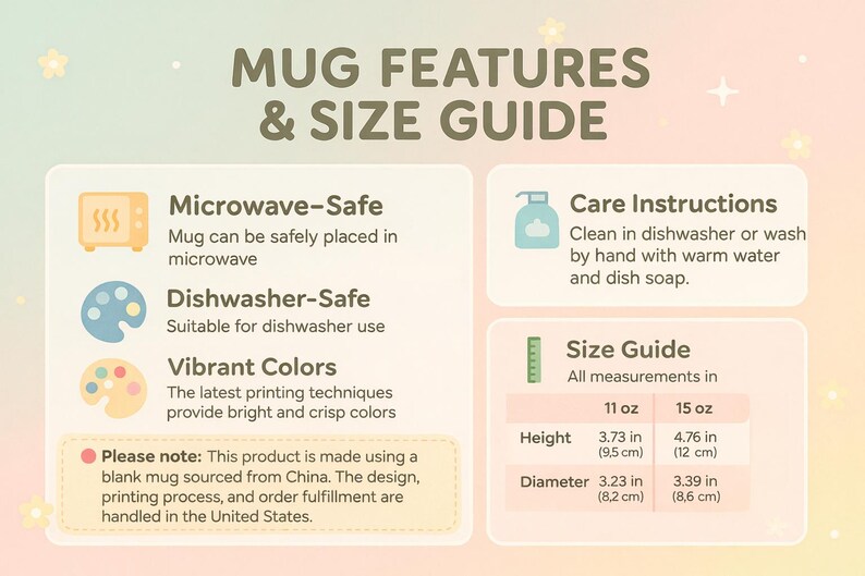 May include: An informational graphic titled MUG FEATURES & SIZE GUIDE. It lists microwave-safe and dishwasher-safe icons, vibrant color details, and care instructions. A size guide table displays height and diameter measurements in inches for 11 oz and 15 oz mugs.
