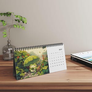 2025 Landschaftskunst mit Tieren Schreibtischkalender, Anime Landschaft, Kawaii Tiere, Süßer Monatskalender mit Tieren, Bürodeko, Geschenkidee