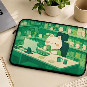 Kawaii Cat Office Laptop Sleeve, Cute Green Kitty Computer Case, Anime Cat Laptop Bag, Cozy Desk Aesthetic Gift for Cat Lover