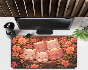 Floral Cat Desk Mat: Kawaii Sleeping Kittens Mouse Pad