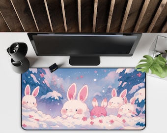 Kawaii Desk Mat, Cute Bunny in Snow, Office Desk Protector, Gaming Mouse Pad, Computer Table Accessory, Work from Home Decor, Desk Organizer