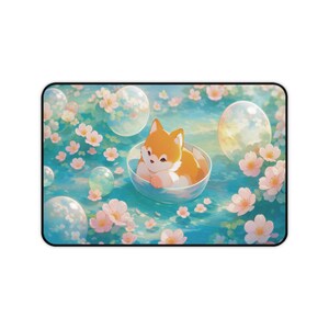 Kawaii Fox Sakura Desk Mat, Cute Floating Fox Mouse Pad, Pastel Spring Floral Desk Pad, Cozy Anime Aesthetic Desk Decor, Gift for Fox Lovers image 6