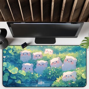 May include: A mousepad with a green and blue background featuring a group of cartoon white bears with pink cheeks. The bears are surrounded by green leaves and flowers.