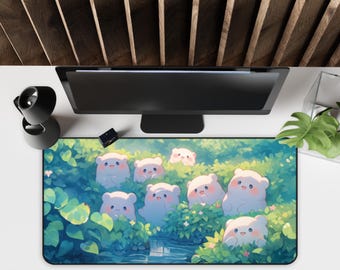 Kawaii Desk Mat, Green Bear Design, Neoprene Mouse Pad, Office Accessory