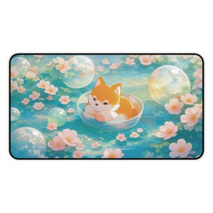 Kawaii Fox Sakura Desk Mat, Cute Floating Fox Mouse Pad, Pastel Spring Floral Desk Pad, Cozy Anime Aesthetic Desk Decor, Gift for Fox Lovers image 8