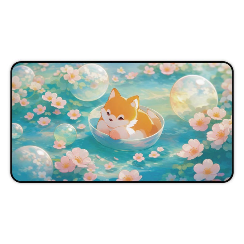 Kawaii Fox Sakura Desk Mat, Cute Floating Fox Mouse Pad, Pastel Spring Floral Desk Pad, Cozy Anime Aesthetic Desk Decor, Gift for Fox Lovers image 8