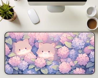 Desk Mat Aesthetic, Cute Cats with Hydrangeas Mouse Pad, Cute Kawaii Pink Deskmat, Kawaii Animals Desk Mat, Cute Desktop Accessories