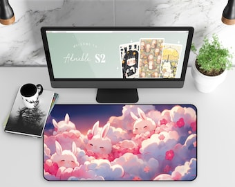 Kawaii Desk Mat, Kawaii Pink Bunny with Clouds, Cute Desk Accessories, Office Desk Decor, Mouse Pad, Workspace Organizer