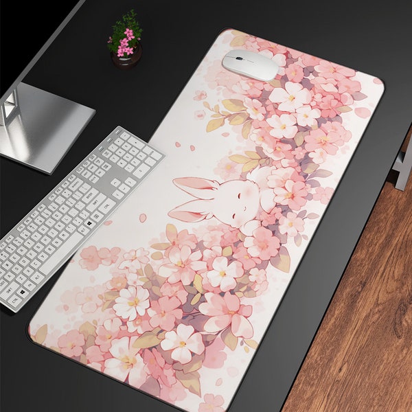 Kawaii Bunny Desk Mat, Cute Anime Bunny Rabbit with Cherry Blossoms, Cute Large Mouse Pad, Desk Mat Aesthetic, Cute Desk Office Decor