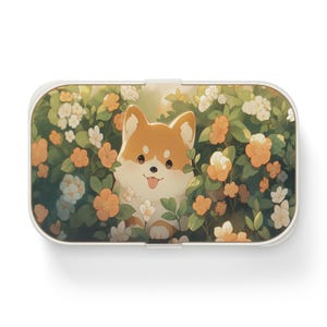 Kawaii Shiba Bento Lunch Box, Japanese Food Container, Cute Lunchbox, Floral Puppy, Kids Adult Meal Storage