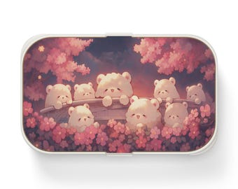 Kawaii Bear Bento Box, Cute Cherry Blossom Lunch Box, Adorable Sakura Picnic Bento for School or Work, Aesthetic Pastel Food Container