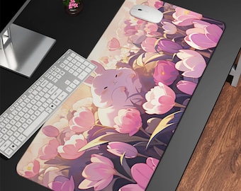 Kawaii Bunny Desk Mat: Pink Tulips, Anime Mousepad
